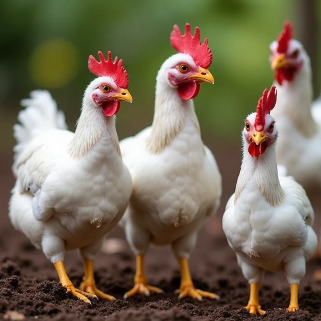 A group of white chickens eating mushrooms in a farm
