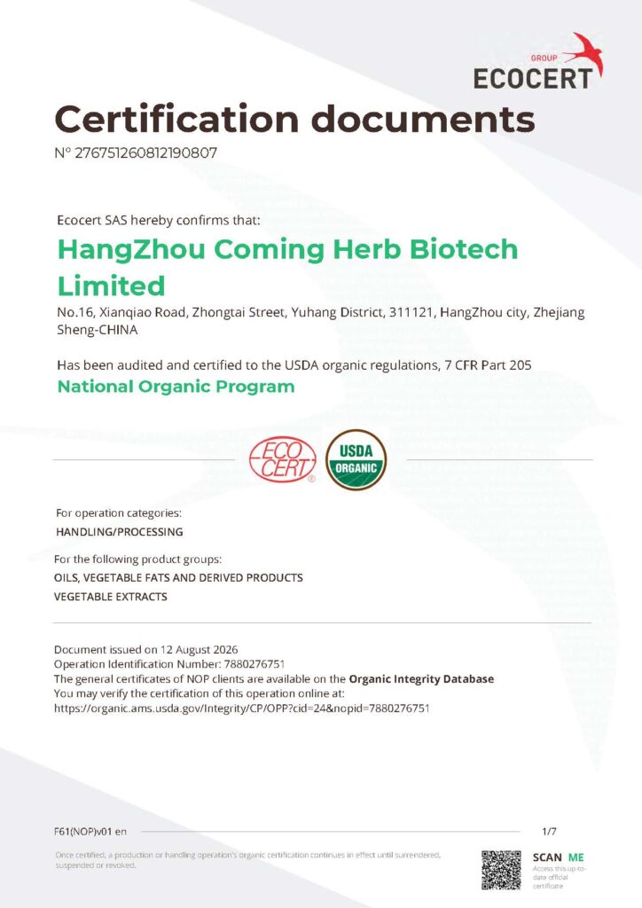 Coming Herb USDA Organic Certificate 2026